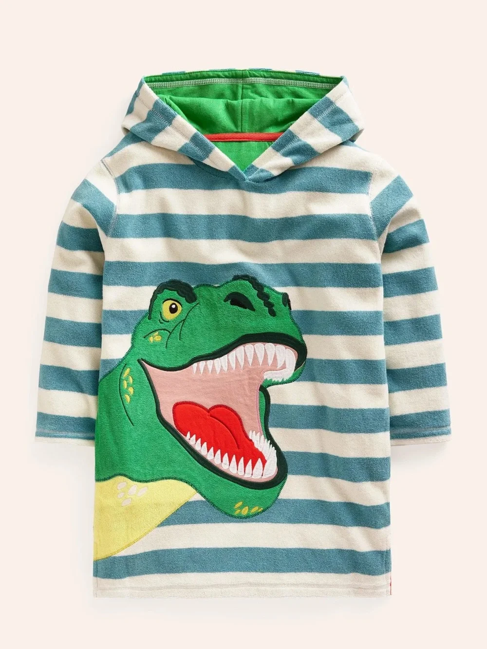 Boden Mini Striped Dinosaur Appliqué Hooded Terry Towel Pullover 11-12y